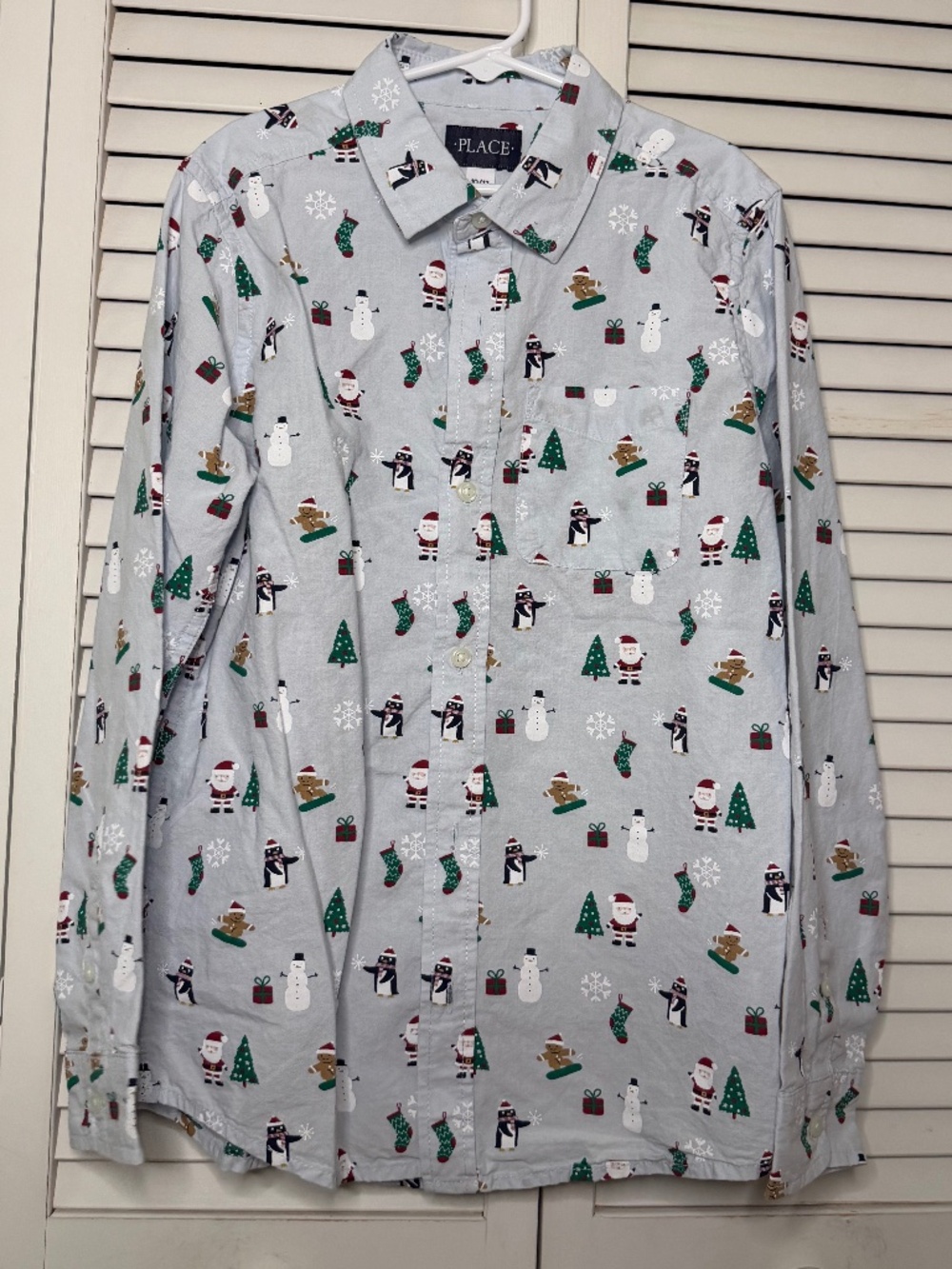 The Childrens Place Boys Christmas Button Down Long Sleeve Shirt Santa Sz 10/12